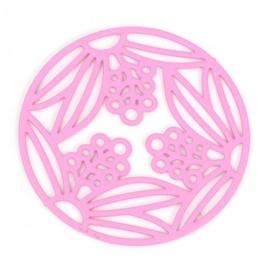 Picture of Iron Based Alloy Filigree Stamping Connectors Round Pink Leaf Painted 28mm Dia., 10 PCs