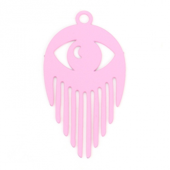 Picture of Iron Based Alloy Filigree Stamping Pendants Pink Eye Tassel Painted 3cm x 1.6cm, 10 PCs