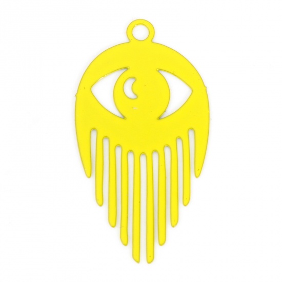 Picture of Iron Based Alloy Filigree Stamping Pendants Yellow Eye Tassel Painted 3cm x 1.6cm, 10 PCs