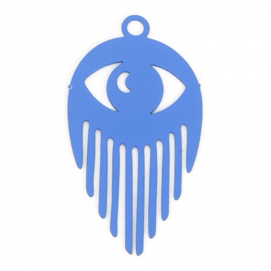 Picture of Iron Based Alloy Filigree Stamping Pendants Royal Blue Eye Tassel Painted 3cm x 1.6cm, 10 PCs