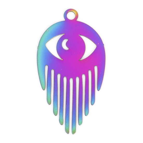 Picture of Iron Based Alloy Filigree Stamping Pendants Rainbow Color Plated Eye Tassel 3cm x 1.6cm, 10 PCs