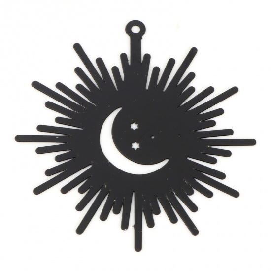 Picture of Iron Based Alloy Galaxy Filigree Stamping Pendants Black Sun Moon Painted 3.7cm x 3.5cm, 10 PCs