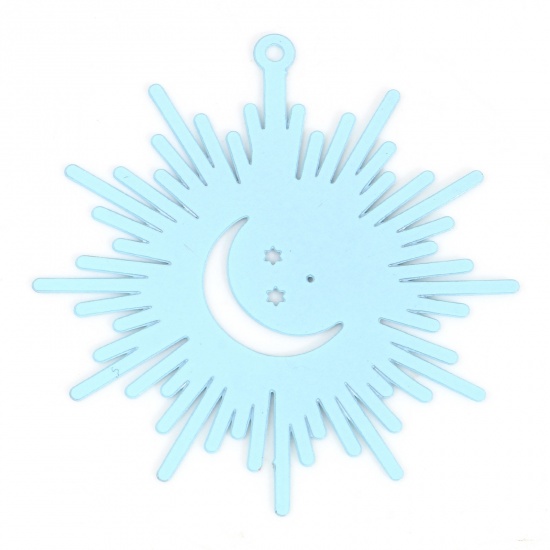 Picture of Iron Based Alloy Galaxy Filigree Stamping Pendants Light Blue Sun Moon Painted 3.7cm x 3.5cm, 10 PCs
