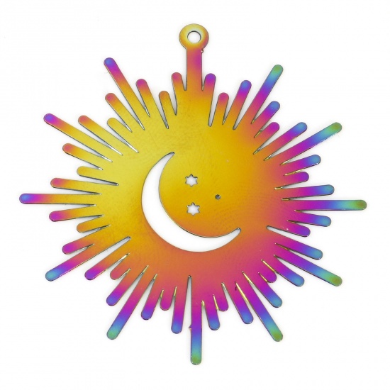 Picture of Iron Based Alloy Galaxy Filigree Stamping Pendants Rainbow Color Plated Sun Moon 3.7cm x 3.5cm, 10 PCs