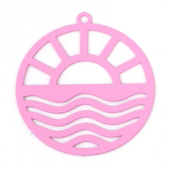Picture of Iron Based Alloy Filigree Stamping Charms Pink Round Sun Painted 29mm x 26mm, 10 PCs