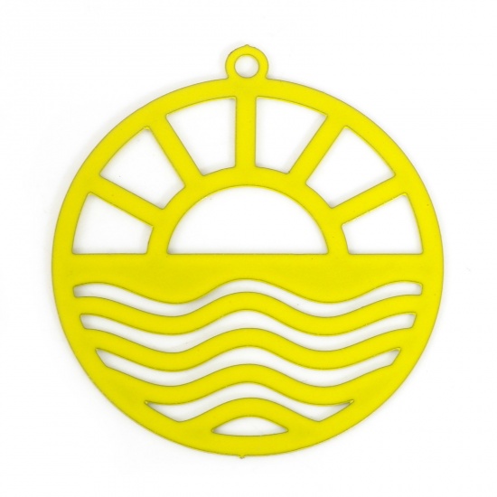 Picture of Iron Based Alloy Filigree Stamping Charms Yellow Round Sun Painted 29mm x 26mm, 10 PCs