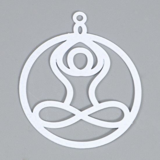 Picture of Iron Based Alloy Filigree Stamping Pendants White Yoga Round Painted 3.5cm x 3cm, 10 PCs