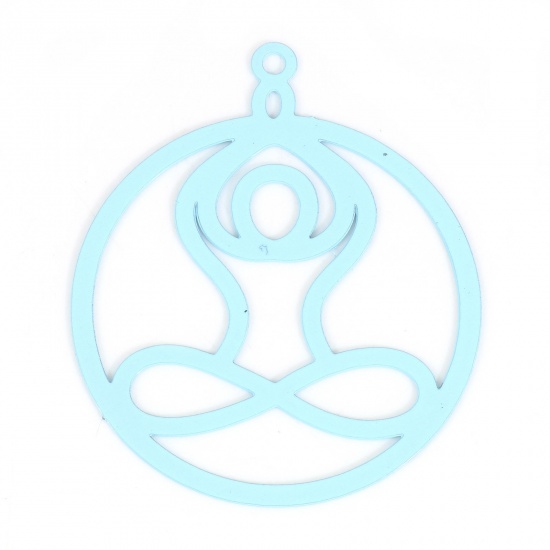 Picture of Iron Based Alloy Filigree Stamping Pendants Light Blue Yoga Round Painted 3.5cm x 3cm, 10 PCs