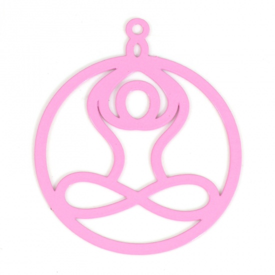 Picture of Iron Based Alloy Filigree Stamping Pendants Pink Yoga Round Painted 3.5cm x 3cm, 10 PCs