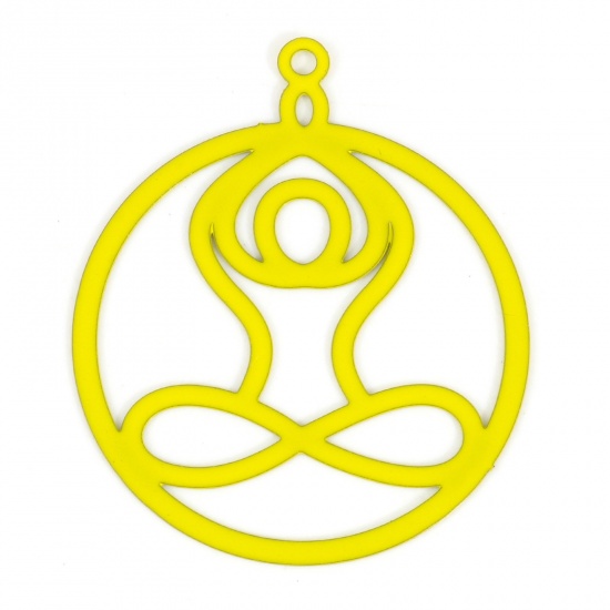 Picture of Iron Based Alloy Filigree Stamping Pendants Yellow Yoga Round Painted 3.5cm x 3cm, 10 PCs