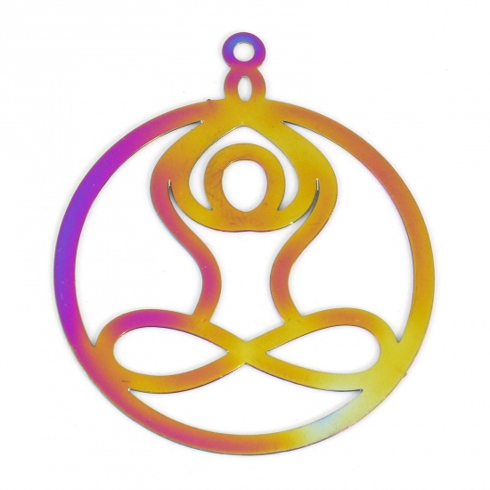 Immagine di Lega di Ferro Filigree Stamping Ciondoli Yoga Colore Arcobaleno Placcato Tondo 3.5cm x 3cm , 10 Pz
