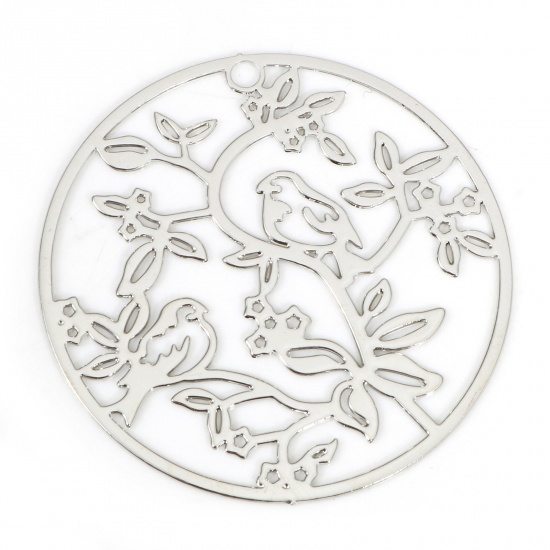 Picture of Iron Based Alloy Filigree Stamping Pendants Silver Tone Round Bird 3.1cm Dia., 10 PCs