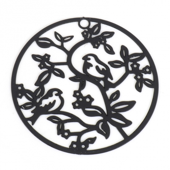 Picture of Iron Based Alloy Filigree Stamping Pendants Black Round Bird Painted 3.1cm Dia., 10 PCs