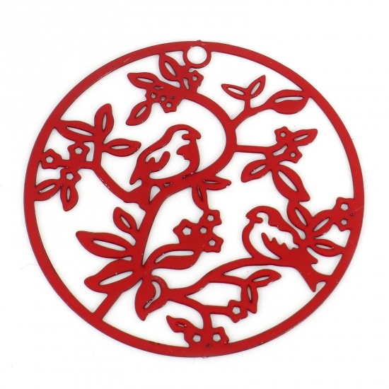 Bild von Eisenlegierung Filigran Stempel Verzierung Anhänger Rund Rot Vogel Spritzlackierung 3.1cm D., 10 Stück