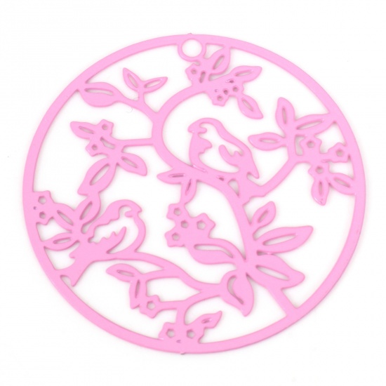 Picture of Iron Based Alloy Filigree Stamping Pendants Pink Round Bird Painted 3.1cm Dia., 10 PCs