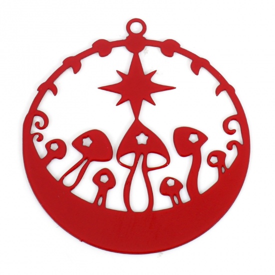 Picture of Iron Based Alloy Filigree Stamping Pendants Red Round Mushroom Painted 3.3cm x 3cm, 10 PCs