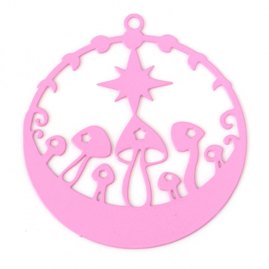 Picture of Iron Based Alloy Filigree Stamping Pendants Pink Round Mushroom Painted 3.3cm x 3cm, 10 PCs