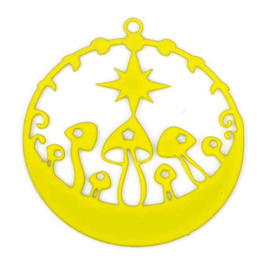 Picture of Iron Based Alloy Filigree Stamping Pendants Yellow Round Mushroom Painted 3.3cm x 3cm, 10 PCs