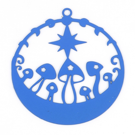 Picture of Iron Based Alloy Filigree Stamping Pendants Royal Blue Round Mushroom Painted 3.3cm x 3cm, 10 PCs