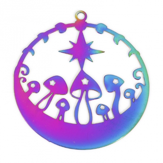 Picture of Iron Based Alloy Filigree Stamping Pendants Rainbow Color Plated Round Mushroom 3.3cm x 3cm, 10 PCs