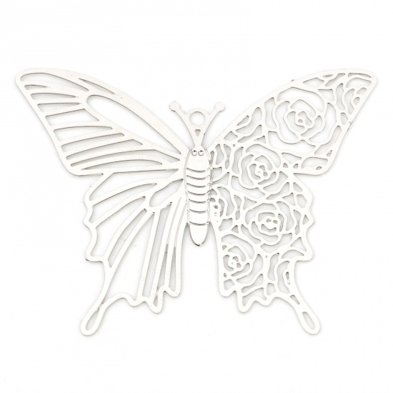 Picture of Iron Based Alloy Insect Filigree Stamping Pendants Silver Tone Butterfly Animal Rose Flower Painted 4cm x 3.1cm, 10 PCs