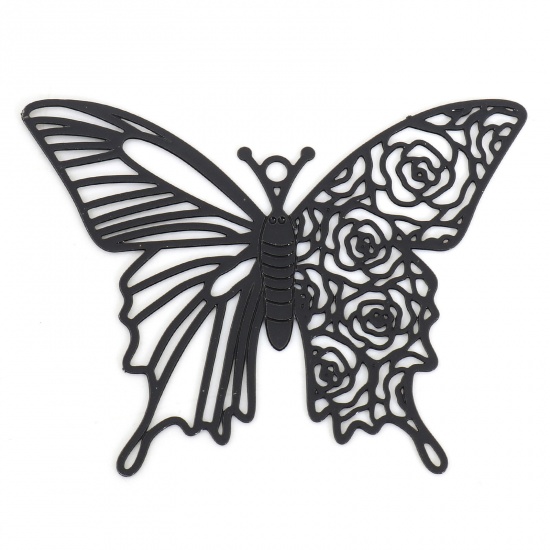 Picture of Iron Based Alloy Insect Filigree Stamping Pendants Black Butterfly Animal Rose Flower Painted 4cm x 3.1cm, 10 PCs