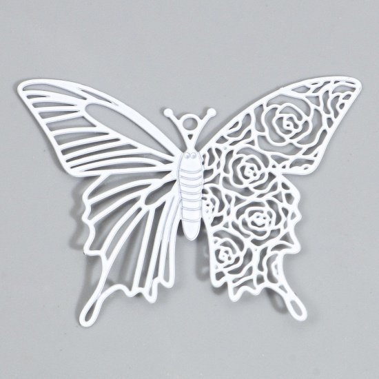 Picture of Iron Based Alloy Insect Filigree Stamping Pendants White Butterfly Animal Rose Flower Painted 4cm x 3.1cm, 10 PCs