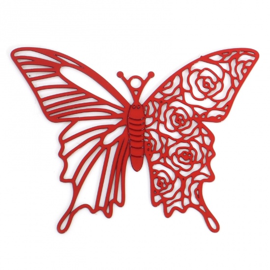 Picture of Iron Based Alloy Insect Filigree Stamping Pendants Red Butterfly Animal Rose Flower Painted 4cm x 3.1cm, 10 PCs