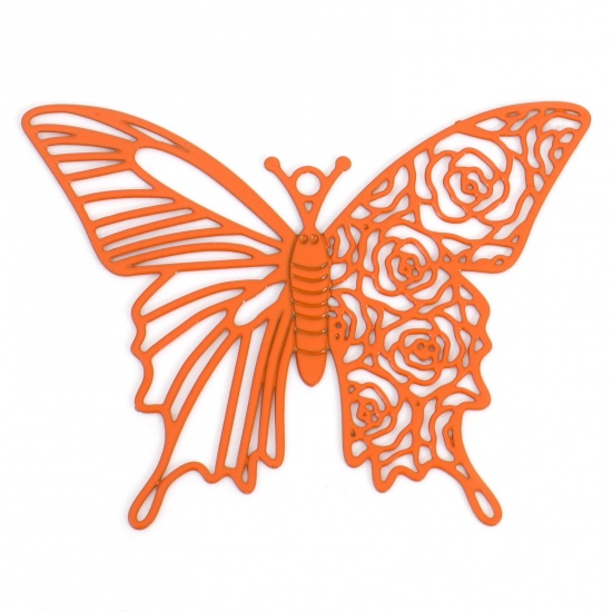 Picture of Iron Based Alloy Insect Filigree Stamping Pendants Orange Butterfly Animal Rose Flower Painted 4cm x 3.1cm, 10 PCs