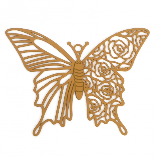 Picture of Iron Based Alloy Insect Filigree Stamping Pendants Brown Butterfly Animal Rose Flower Painted 4cm x 3.1cm, 10 PCs