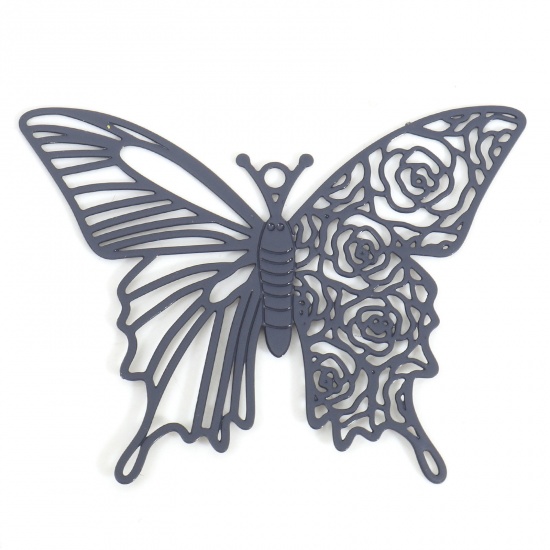 Picture of Iron Based Alloy Insect Filigree Stamping Pendants Gray Butterfly Animal Rose Flower Painted 4cm x 3.1cm, 10 PCs