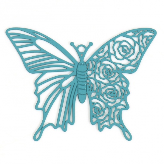 Picture of Iron Based Alloy Insect Filigree Stamping Pendants Peacock Green Butterfly Animal Rose Flower Painted 4cm x 3.1cm, 10 PCs