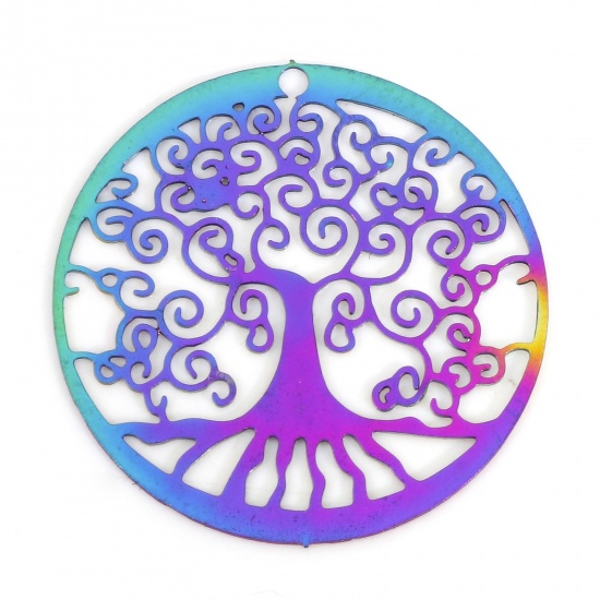 Picture of Iron Based Alloy Filigree Stamping Charms Rainbow Color Plated Round Tree of Life 20mm Dia., 5 PCs