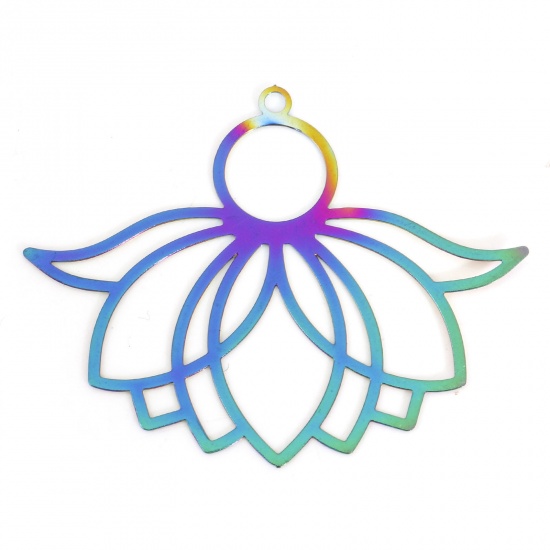 Picture of Iron Based Alloy Filigree Stamping Pendants Rainbow Color Plated Lotus Flower 3.9cm x 3.1cm, 5 PCs