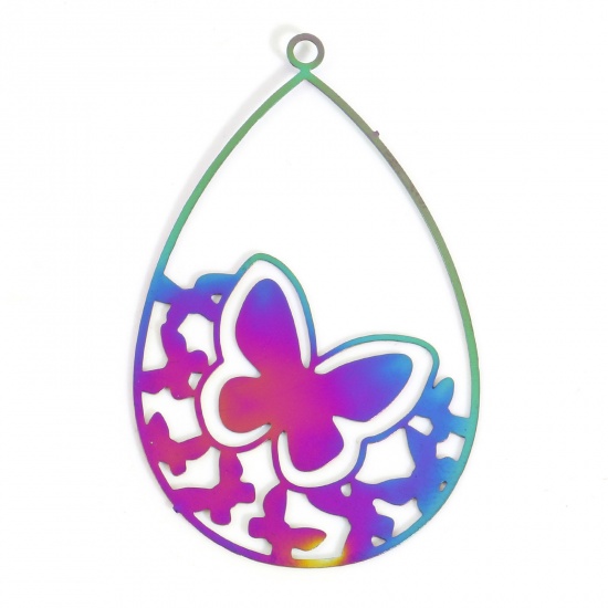 Picture of Iron Based Alloy Filigree Stamping Pendants Rainbow Color Plated Drop Butterfly 4.3cm x 2.7cm, 5 PCs