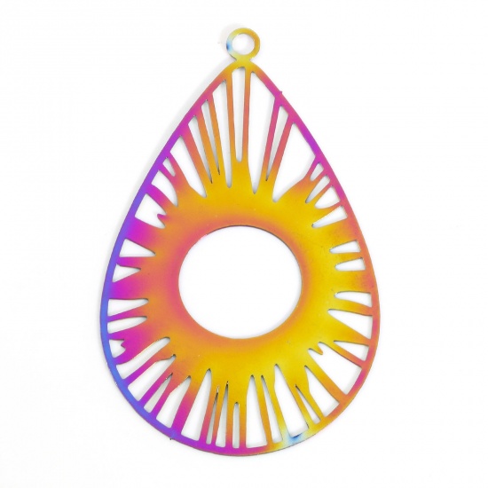 Picture of Iron Based Alloy Filigree Stamping Pendants Rainbow Color Plated Drop Sun 4.7cm x 3cm, 5 PCs