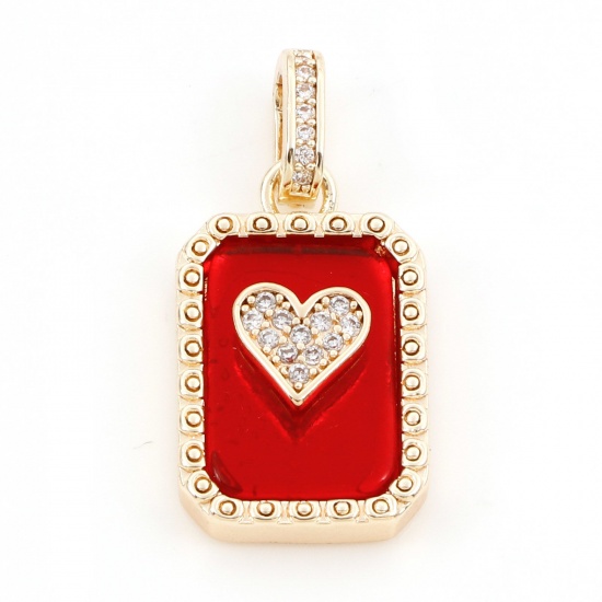 Picture of 1 Piece Brass Poker/ Paper Card/ Game Card Charm Pendant 18K Real Gold Plated Red Octagon Heart With Resin Cabochons Clear Cubic Zirconia 26mm x 13mm