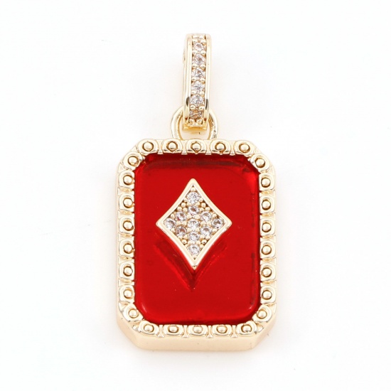 Picture of 1 Piece Brass Poker/ Paper Card/ Game Card Charm Pendant 18K Real Gold Plated Red Octagon Diamonds With Resin Cabochons Clear Cubic Zirconia 26mm x 13mm