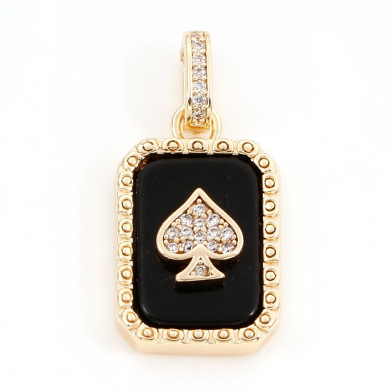 Picture of 1 Piece Brass Poker/ Paper Card/ Game Card Charm Pendant 18K Real Gold Plated Black Octagon Sapdes With Resin Cabochons Clear Cubic Zirconia 26mm x 13mm