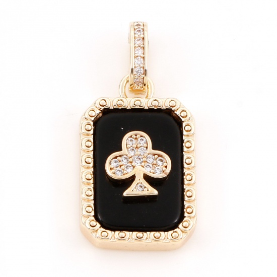 Picture of 1 Piece Brass Poker/ Paper Card/ Game Card Charm Pendant 18K Real Gold Plated Black Octagon Clubs With Resin Cabochons Clear Cubic Zirconia 26mm x 13mm