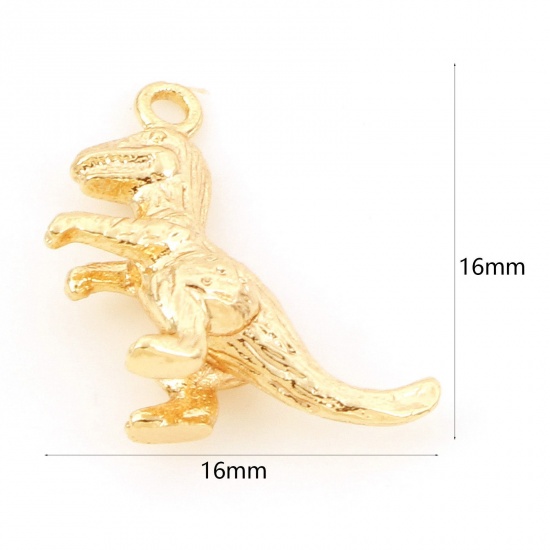 Picture of Brass Charms 18K Real Gold Plated Dinosaur Animal 3D 16mm x 16mm, 3 PCs