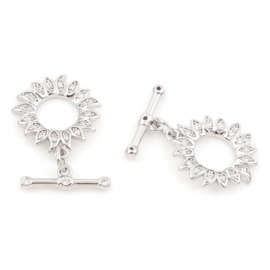 Picture of 1 Set Eco-friendly Brass Toggle Clasps Sunflower Real Platinum Plated Micro Pave Clear Cubic Zirconia 18x16mm 16x5mm