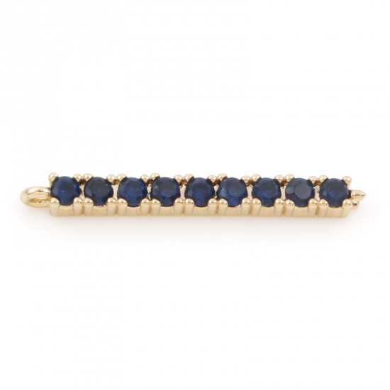 Picture of Brass Connectors Charms Pendants Strip 18K Real Gold Plated Micro Pave Deep Blue Cubic Zirconia 24mm x 2mm, 1 Piece