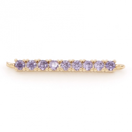 Immagine di Ottone Pendenti Charms Connettori Accessori striscia 18K Oro riempito Micro Spianare Viola Cubic Zirconiae 24mm x 2mm, 1 Pz                                                                                                                                   