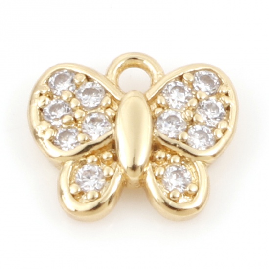 Picture of Brass Insect Charms 18K Real Gold Plated Butterfly Animal Micro Pave Clear Cubic Zirconia 7.5mm x 6mm, 1 Piece