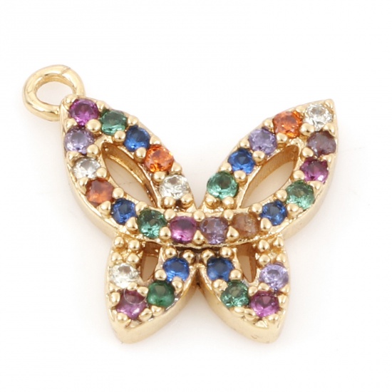 Picture of Brass Insect Charms 18K Real Gold Plated Butterfly Animal Micro Pave Multicolour Cubic Zirconia 12mm x 11mm, 1 Piece