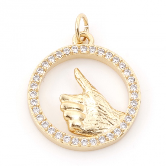 Picture of Brass Charms 18K Real Gold Plated Praise Hand Sign Gesture Micro Pave Clear Cubic Zirconia 24mm x 18mm, 1 Piece