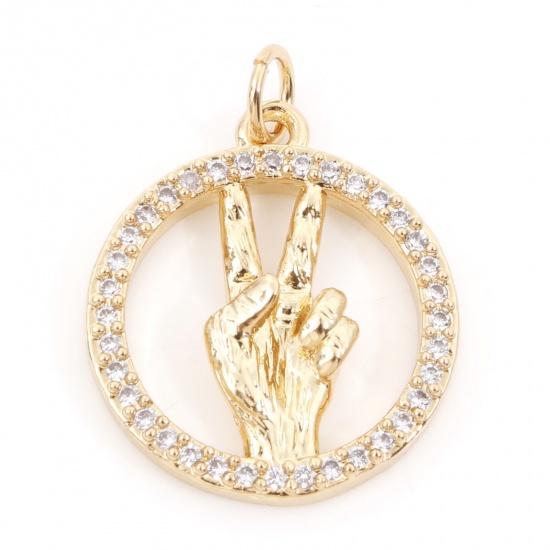 Picture of Brass Charms 18K Real Gold Plated V Victory Hand Sign Gesture Micro Pave Clear Cubic Zirconia 24mm x 18mm, 1 Piece