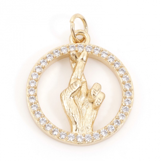 Picture of Brass Charms 18K Real Gold Plated A Good Luck Crossed Fingers Hand Sign Gesture Micro Pave Clear Cubic Zirconia 24mm x 18mm, 1 Piece