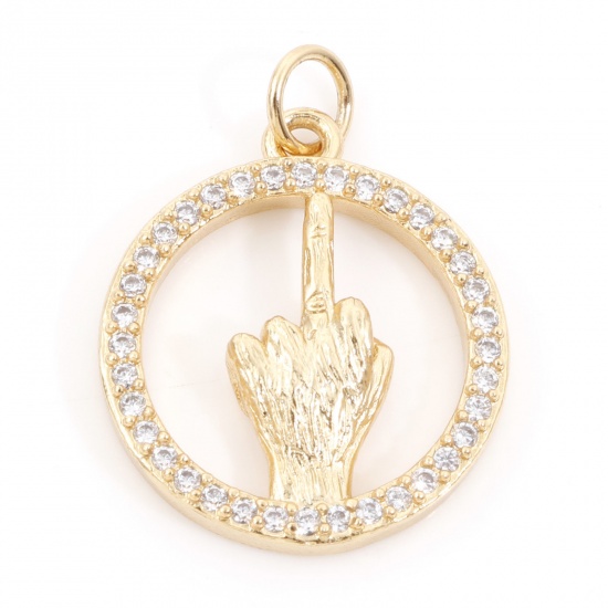 Picture of Brass Charms 18K Real Gold Plated Hand Sign Gesture Micro Pave Clear Cubic Zirconia 24mm x 18mm, 1 Piece